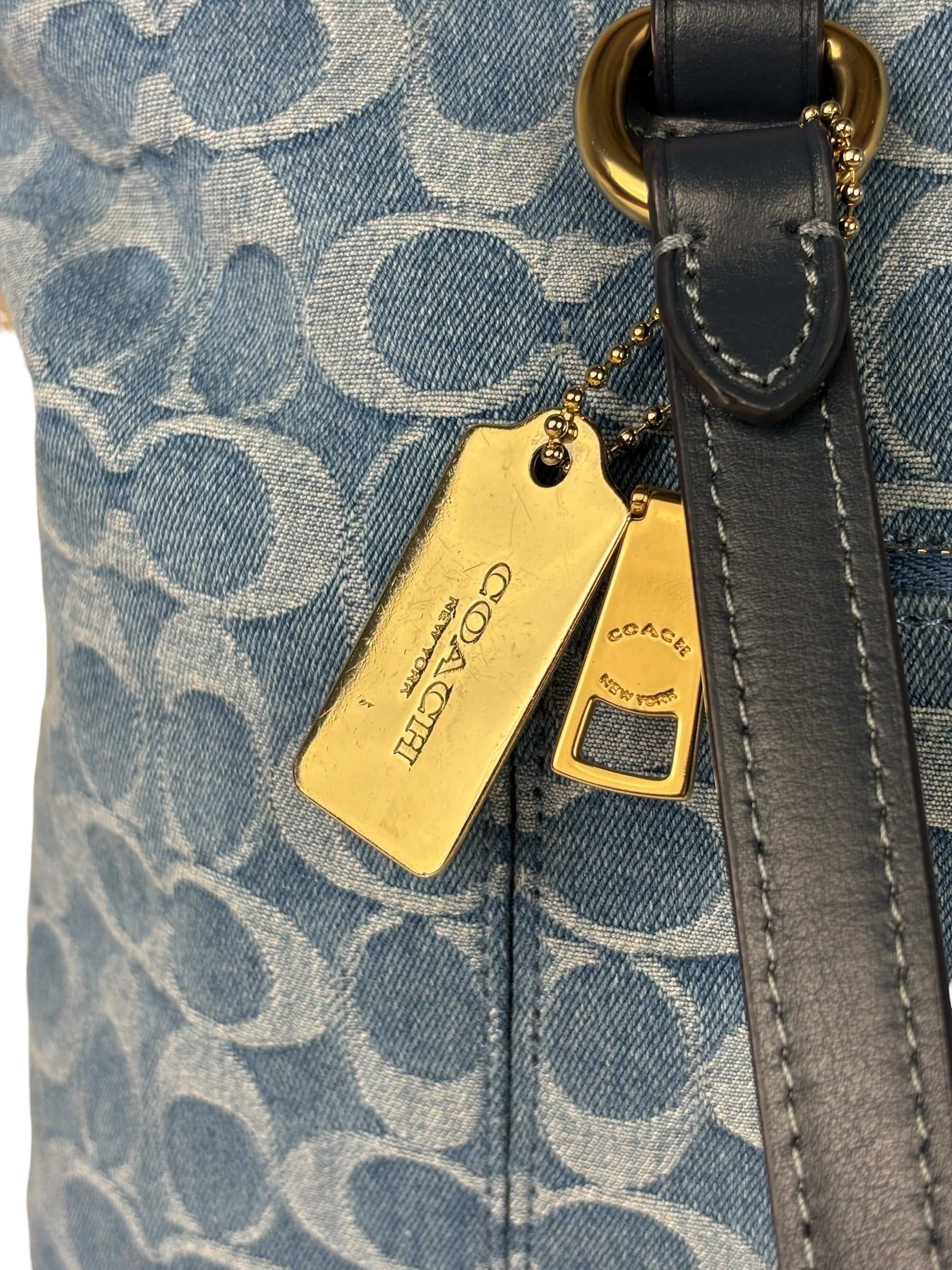 Coach Blue Leather Trim/Denim Signature Station Shoulder Bag