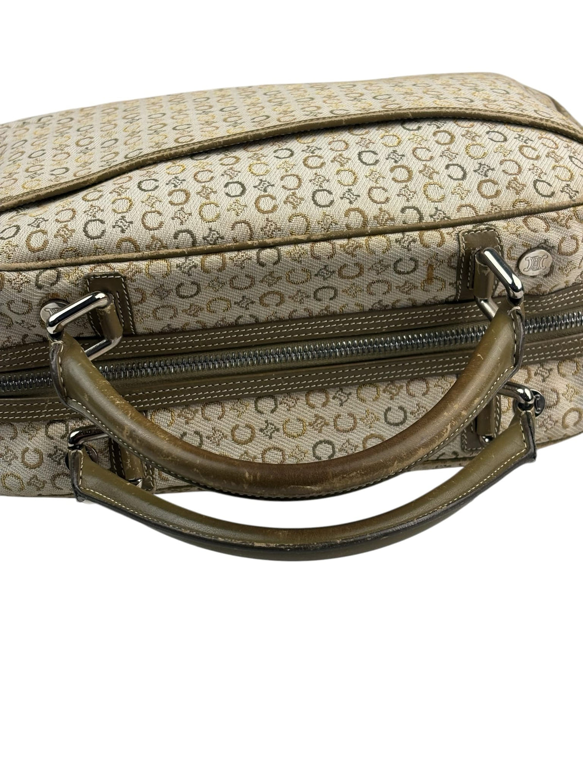Celine Beige/Green Leather Trim Macadam Handbag