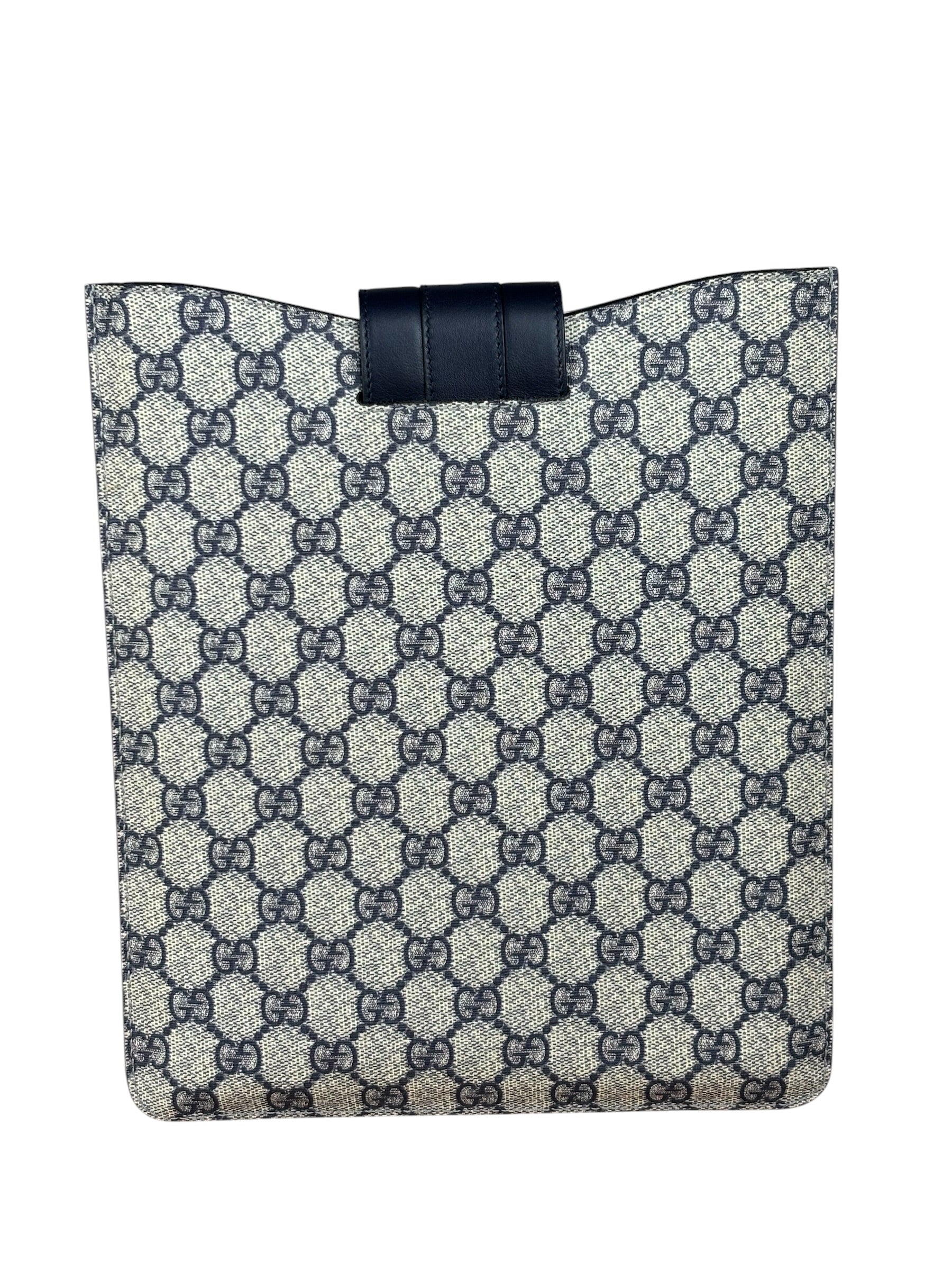 Gucci Navy Blue Leather Trim Coated GG Supreme iPad Case