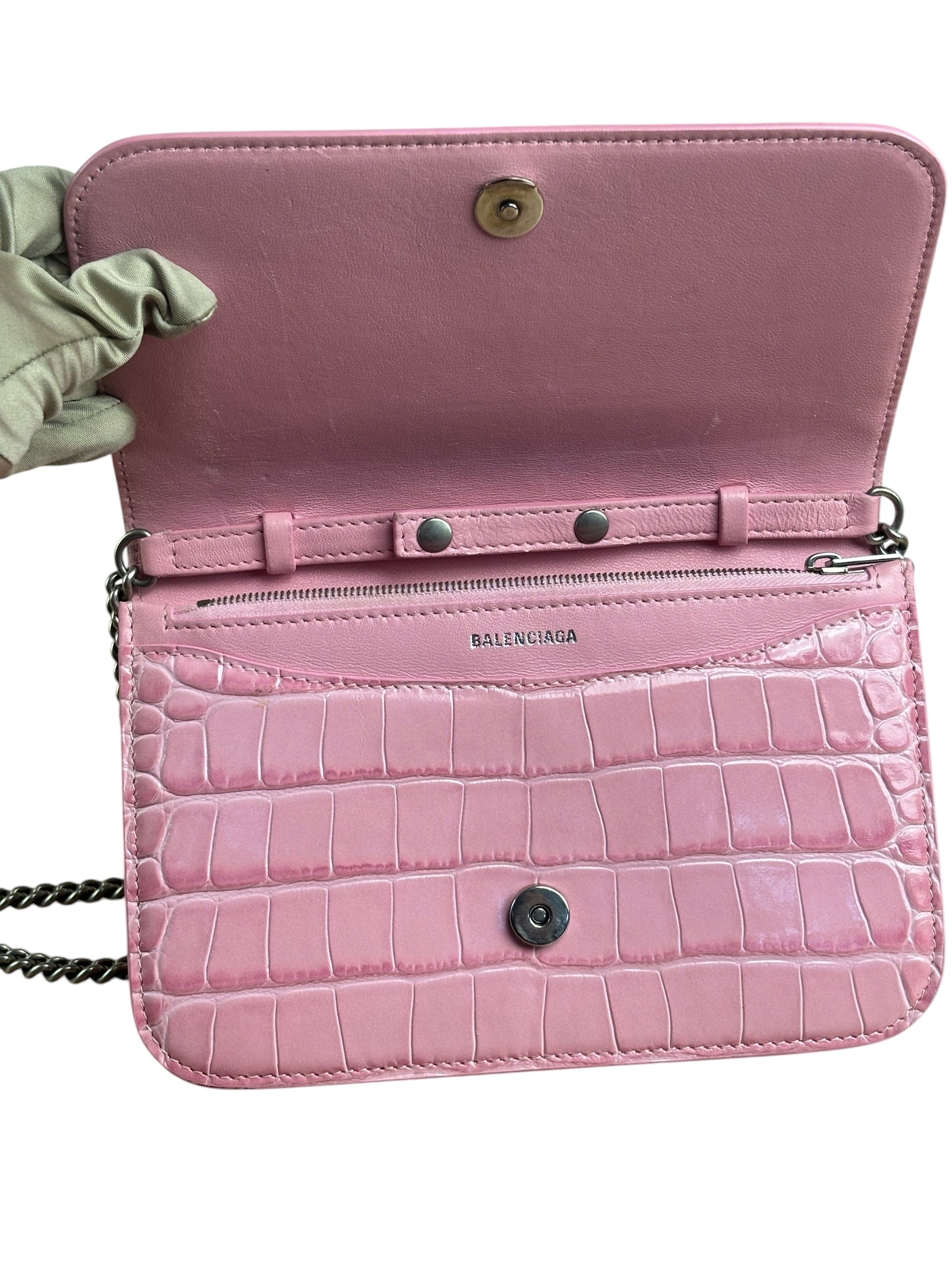 Balenciaga Pink Croc-Embossed Leather Chain B Wallet