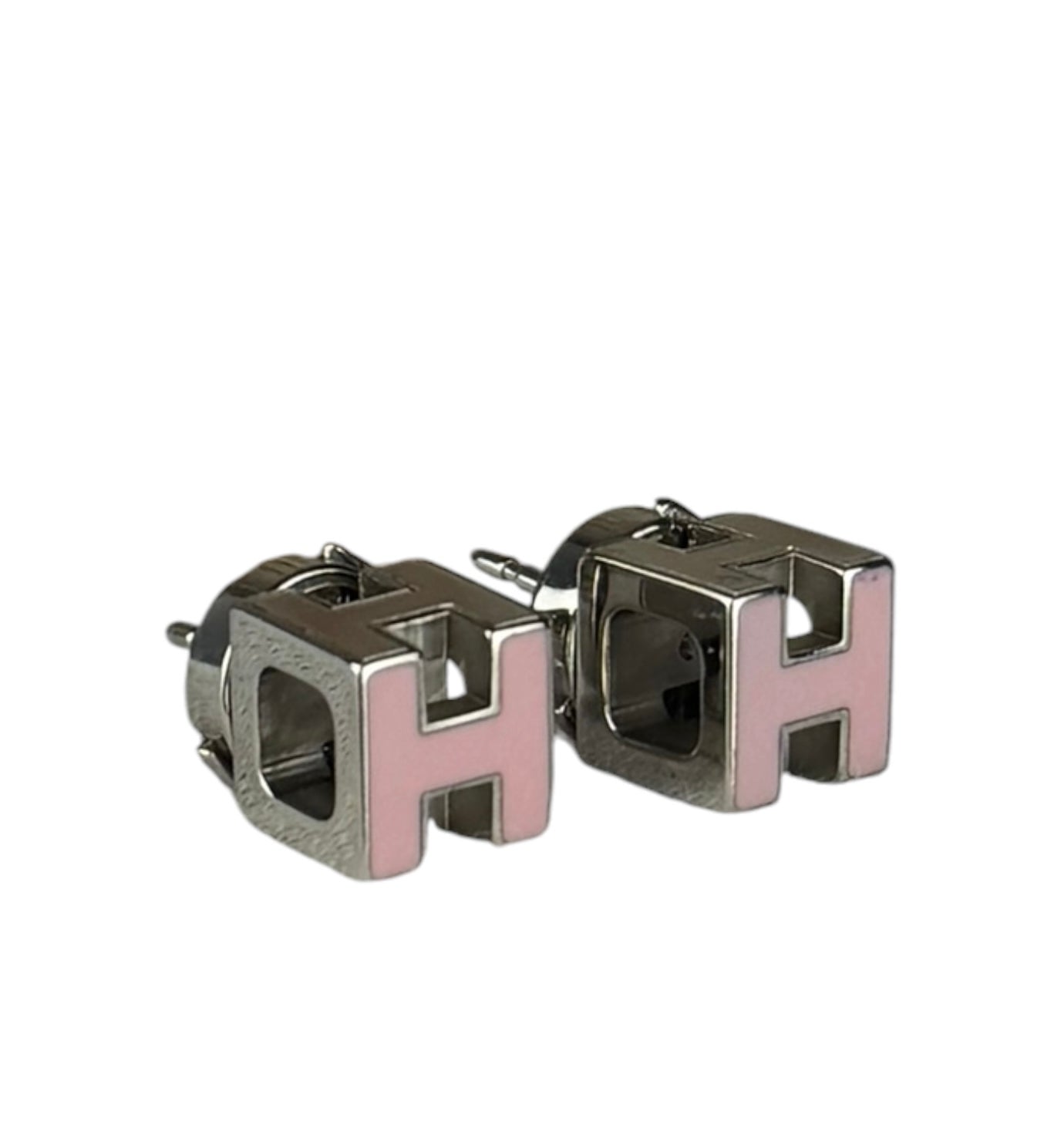 Hermes Silver Pink H Studded Earrings