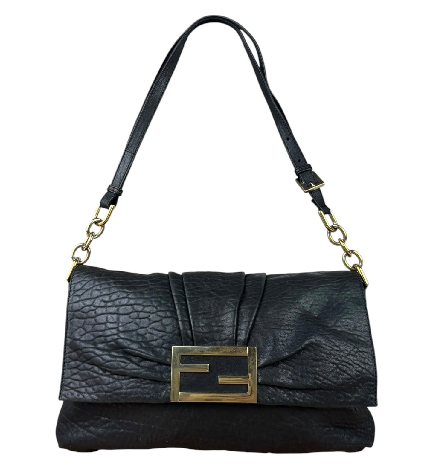 Fendi Black Pebbled Leather Mia Flap Bag