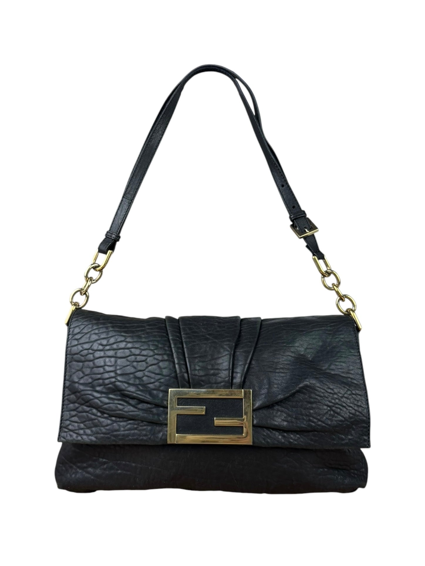 Fendi Black Pebbled Leather Mia Flap Bag