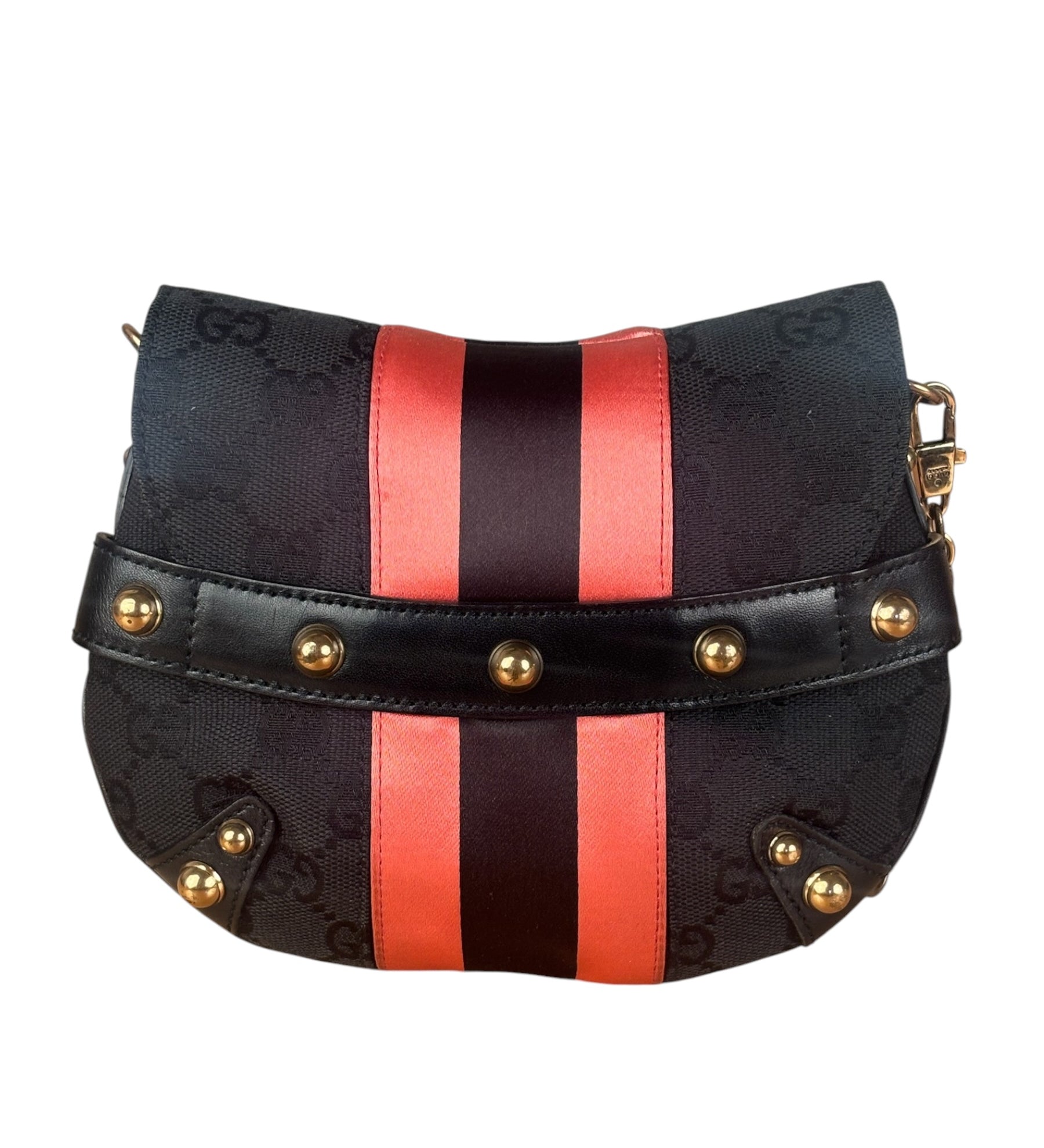 Gucci GG Black/Pink Canvas Horsebit Chain Shoulder Bag