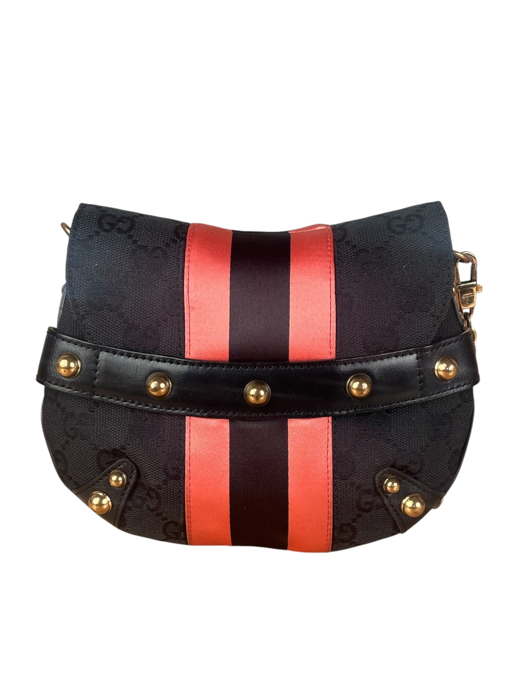 Gucci GG Black/Pink Canvas Horsebit Chain Shoulder Bag