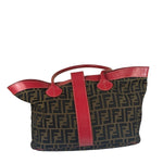 Fendi Beige/Red Leather Trim Zucca Buckle Tote