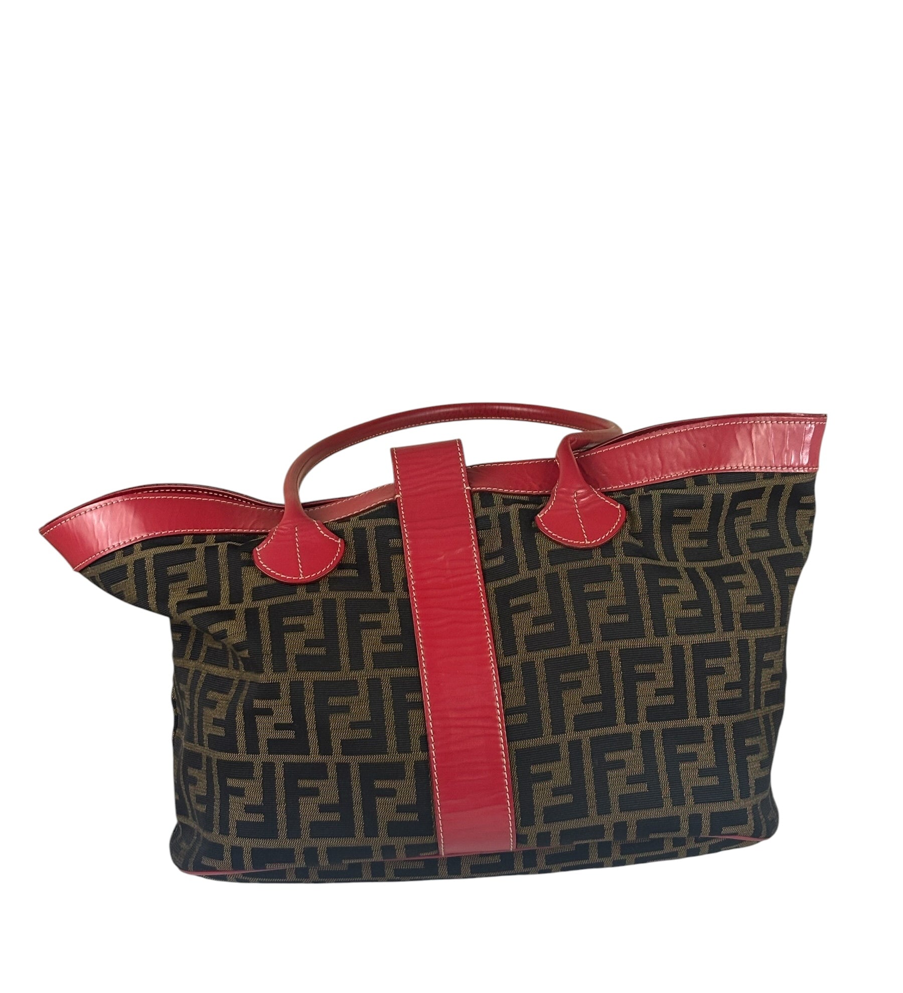 Fendi Beige/Red Leather Trim Zucca Buckle Tote