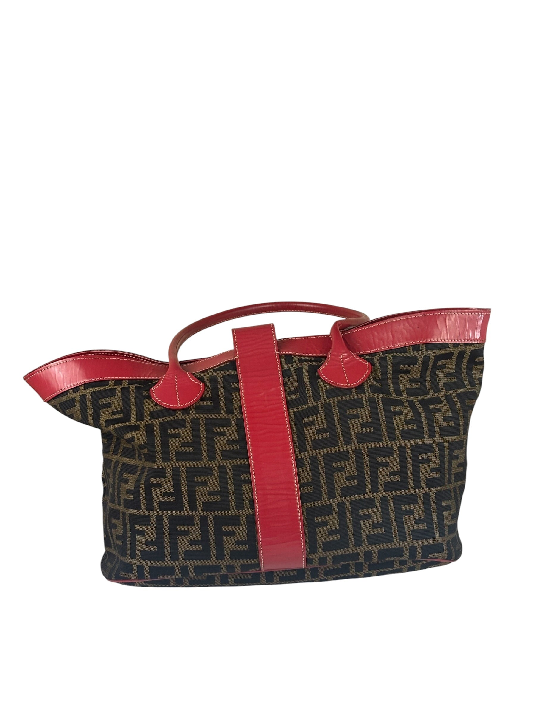 Fendi Beige/Red Leather Trim Zucca Buckle Tote