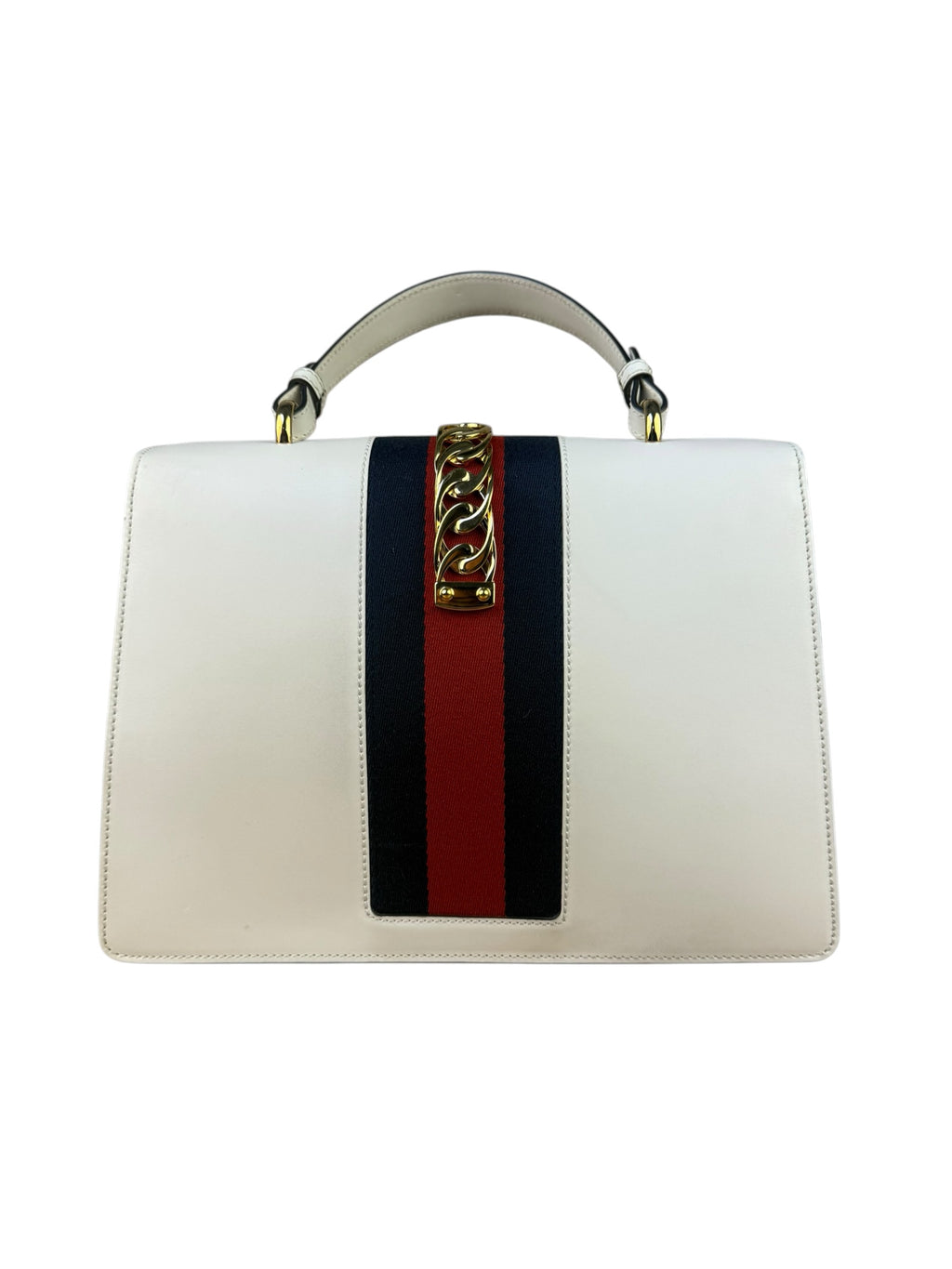 Gucci White Leather Sylvie Web Strap Top Handle