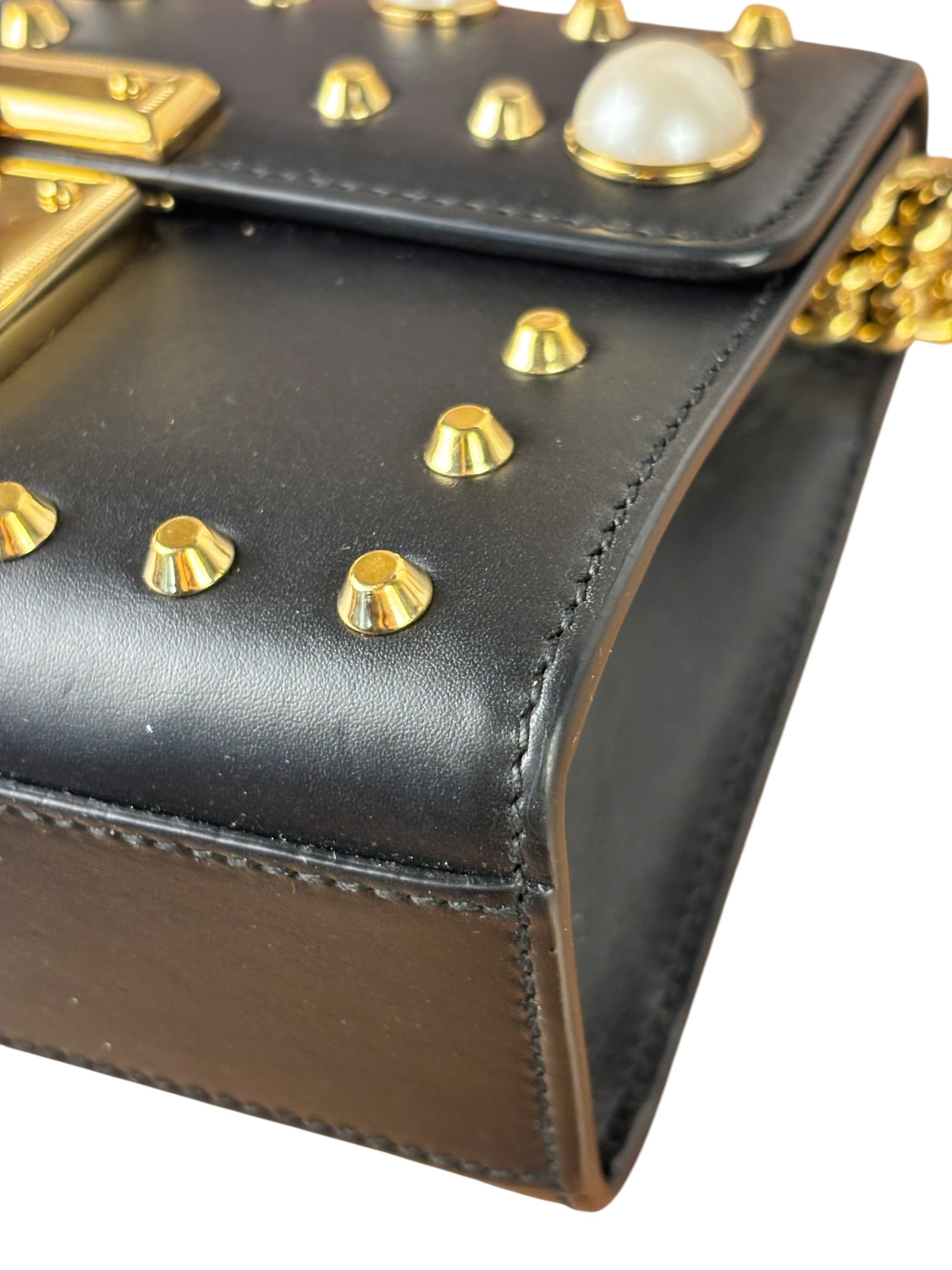 Gucci Small Pearl Studded Leather Padlock Crossbody Black