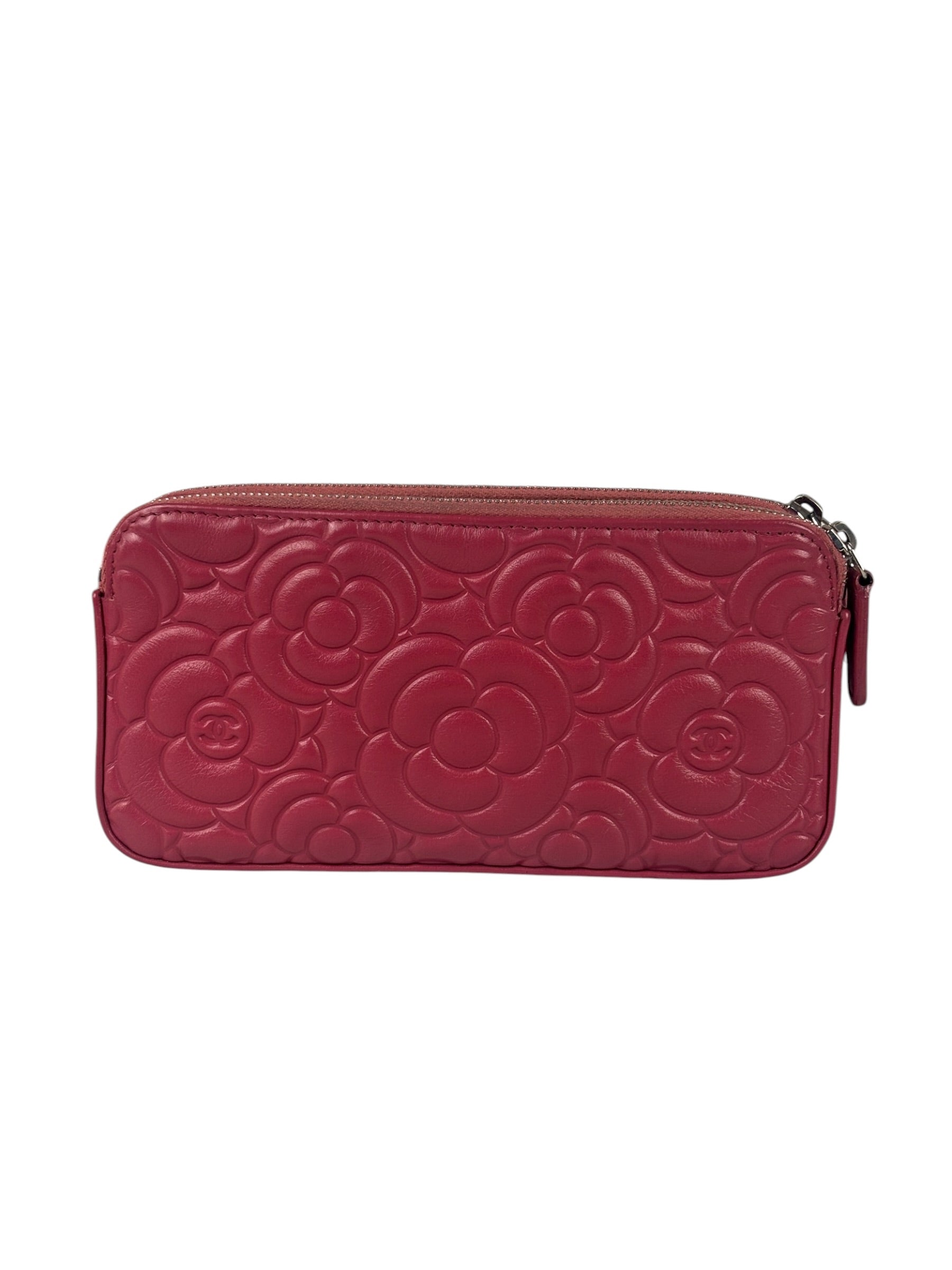 Chanel Pink Floral Embossed Leather Double Zip Chain Clutch Bag 2017