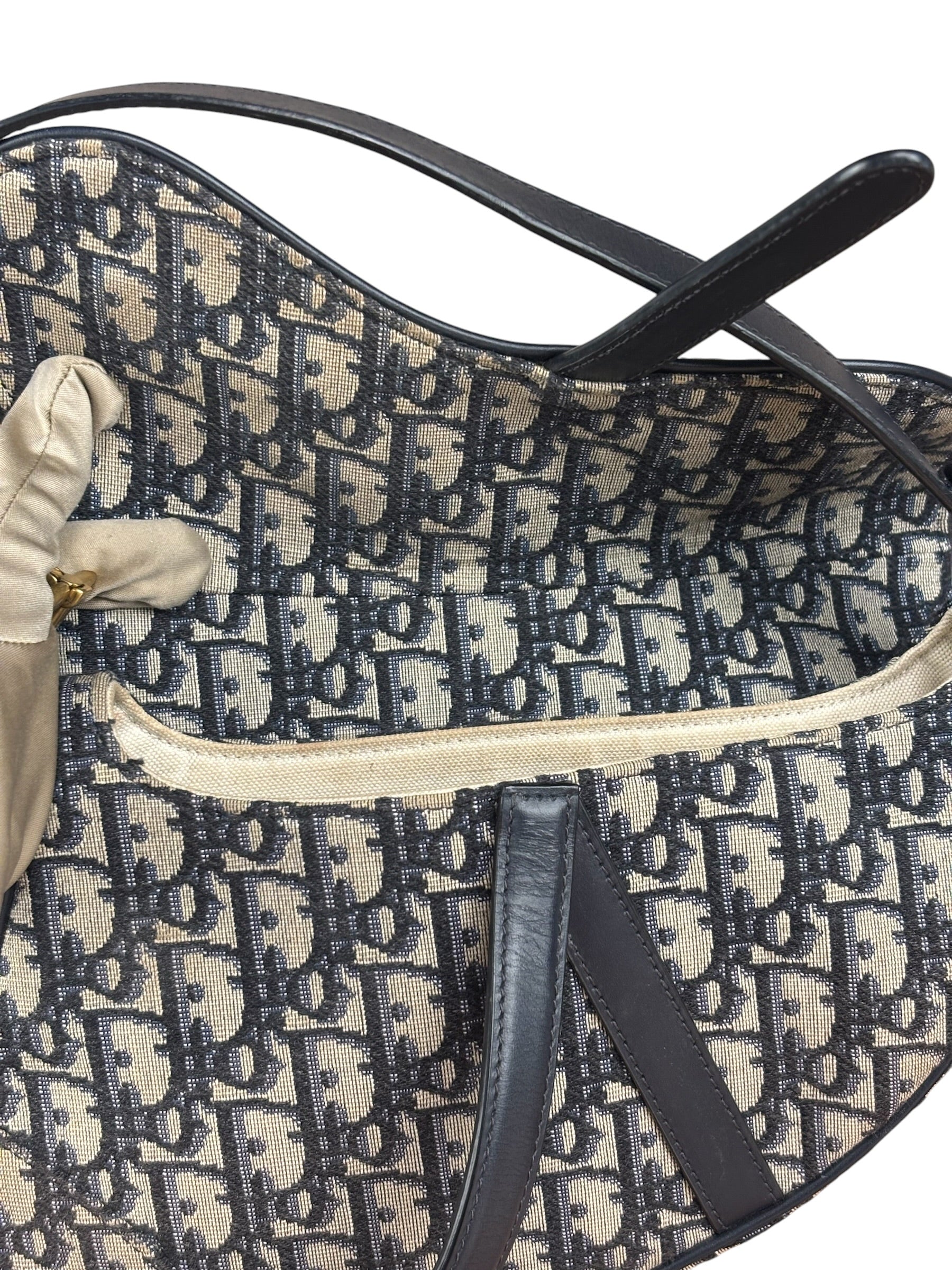 Christian Dior Navy Leather Trim Trotter Saddle Two-Way Bag